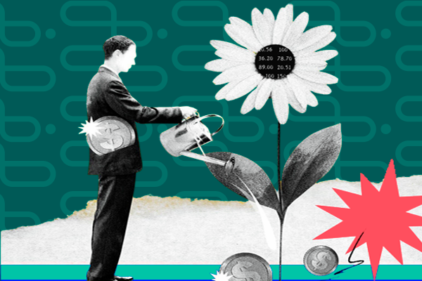 Imagem digital com estilo collage onde um homem rega uma flor para representar a nutrição de lead